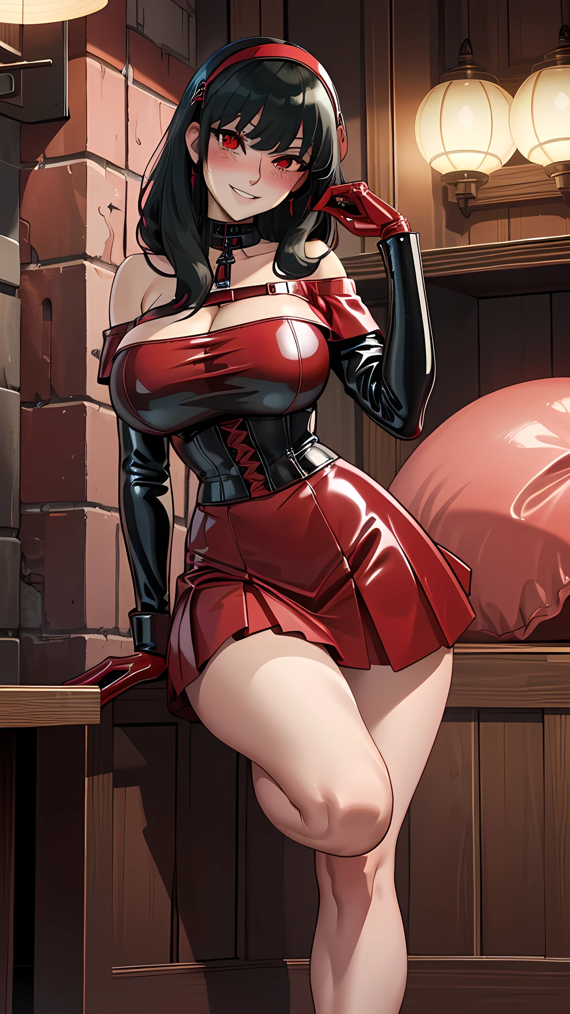 (melhor qualidade:1.3), (qualidade 4K), good composition, green glowing light, full body, head rest, lips, (pretty face, low-tied long hair, ((red_eyes:1.3)), (day:1.2),yor, Grinning smile) ,(((blush))))), (detailed lighting, extremely detailed skin, extremely detailed hair, shadows, 8k), looking at viewer, (High Key Lighting), jewelry, large_breasts, huge breasts, sagging breast,,mature woman, bare shoulders,Black latex gloves,red skirt,red off shoulder latex,latex skirt,latex pink shirt,latex off-shoulder shirt,have a whip,Hold the whip,latex whip,whip,look down,raise one leg,Stomping Pose,