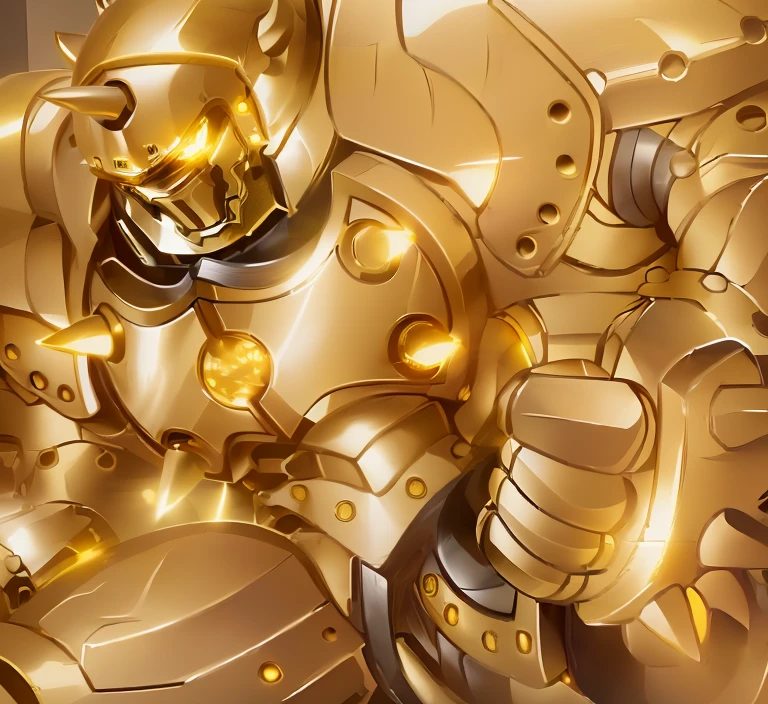 a close up of a robot with a yellow suit on, greek god in mecha style, heavy golden armour, yellow human-sized warforged, golden armor, body golden armor, yellow mech, gold armor, heavy gold armour, golden armour, tremendous mecha robot, sleek gold armor, the golden humanoid robot, robot metallic armor, gold armour, gilded shiny armour, golden armour, heavy golden armour, the golden humanoid robot, heavy gold armour, anime image of a giant robot with a huge smile on his face, solo