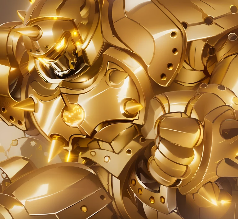 a close up of a robot with a yellow suit on, greek god in mecha style, heavy golden armour, yellow human-sized warforged, golden armor, body golden armor, yellow mech, gold armor, heavy gold armour, golden armour, tremendous mecha robot, sleek gold armor, the golden humanoid robot, robot metallic armor, gold armour, gilded shiny armour, golden armour, heavy golden armour, the golden humanoid robot, heavy gold armour, anime image of a giant robot with a huge smile on his face, solo