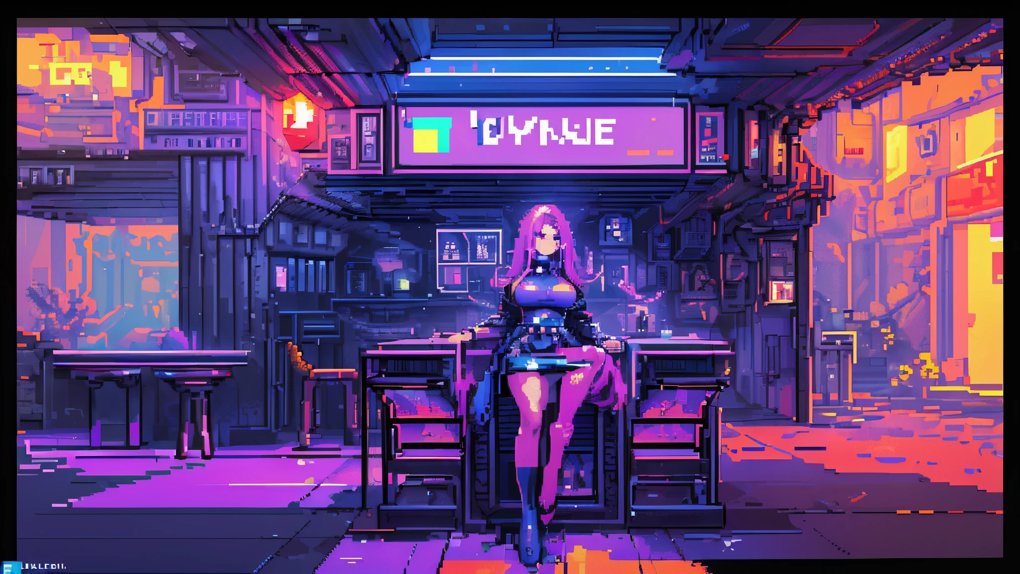 (best quality,4k,8k,highres,masterpiece:1.2),ultra-detailed,(realistic,pixel art:1.37),pixel art representation,a peaceful cyberpunk Bar,lovely,detailed,color theory,harmonious colors,purple,blue,red,blocky,beautiful
