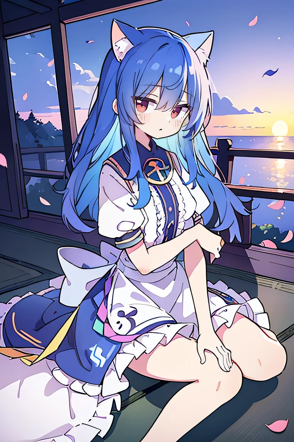 (masterpiece:1.2),Super detailed,Practical,expressive eyes,Fair skin,Perfect face shaping,1 Girl,
Japanese cartoons,Gorgeous blue hair, the long flowing blue hair,Floating clothes,Cat ears,Petals falling,beautiful lola,Young Angel,
Hands on waist,sit elegantly on the ground,Cross your legs,Gentle and peaceful background,Cool and cozy pavilion,Sunset,