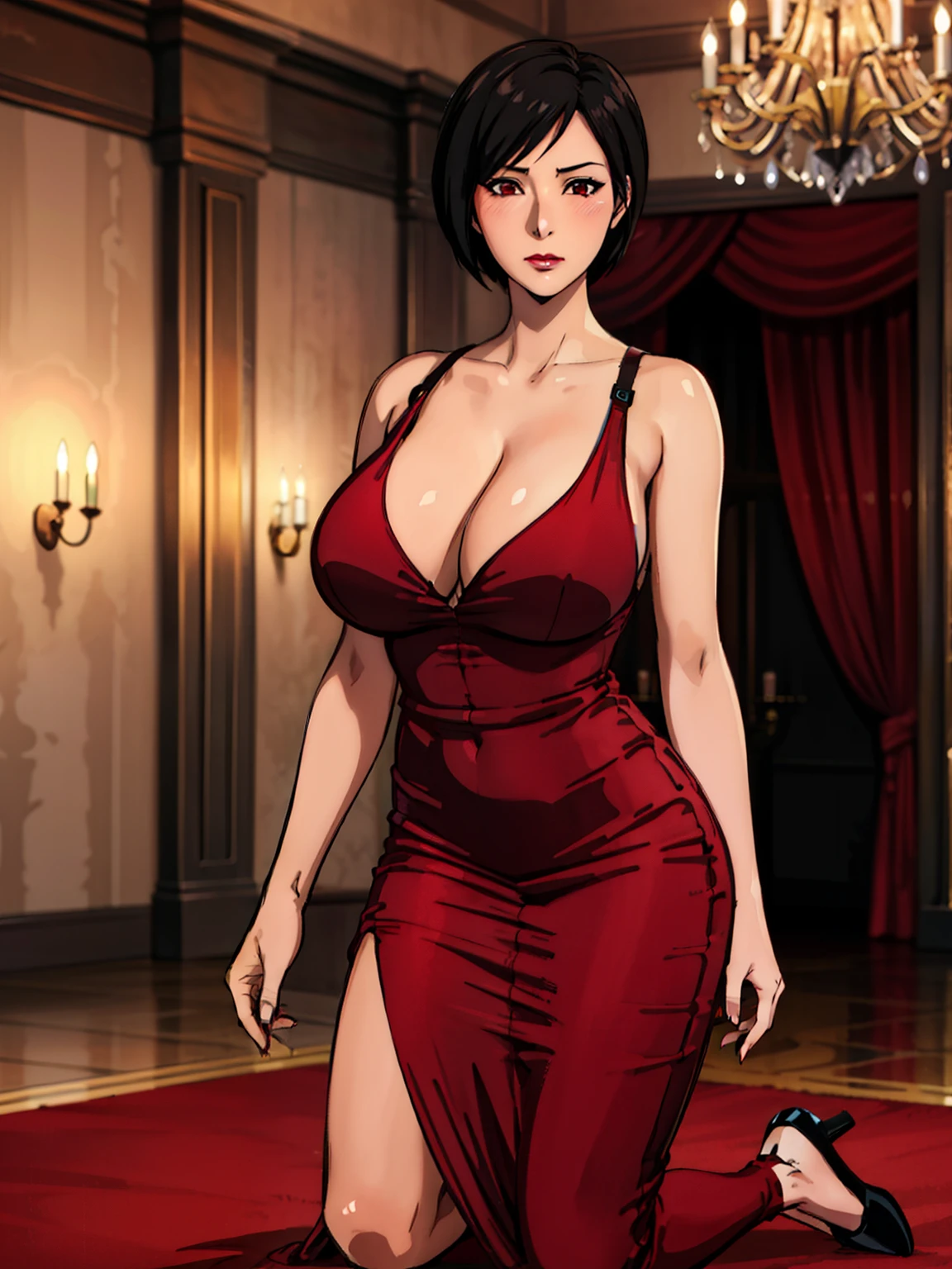 kneeling, red carpet, chandelier, gala night background, glamorous room, crowded, ada wong, anime cels style, best quality, high resolution, 1girl, (huge breasts:1.2), beautiful face, lipstick, cowboy shot of beautiful ada, looking at viewer, red dress, black hair, blush, short hair, embarassed