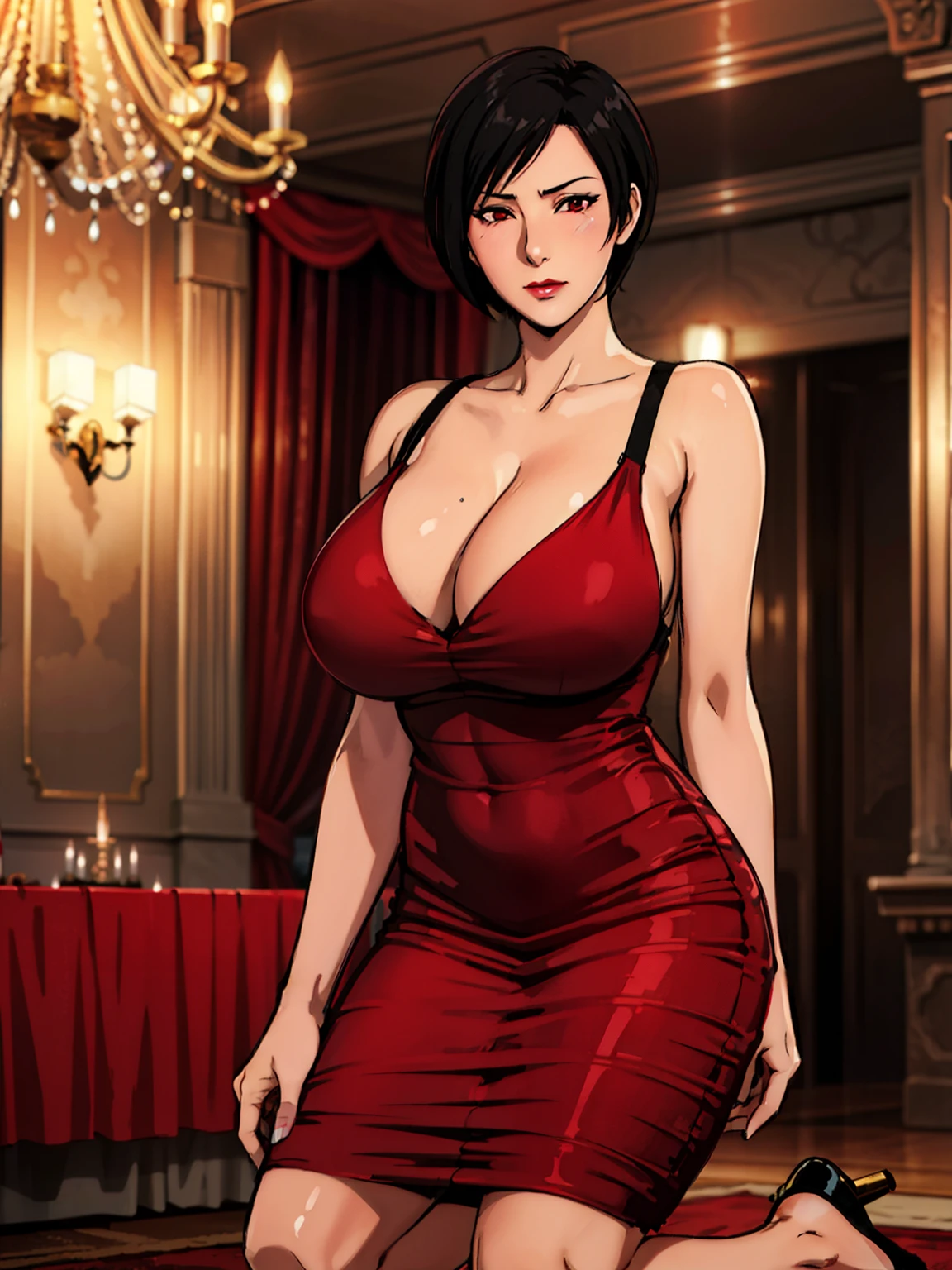 kneeling, red carpet, chandelier, gala night background, glamorous room, crowded, ada wong, anime cels style, best quality, high resolution, 1girl, (huge breasts:1.2), beautiful face, lipstick, cowboy shot of beautiful ada, looking at viewer, red dress, black hair, blush, short hair, embarassed