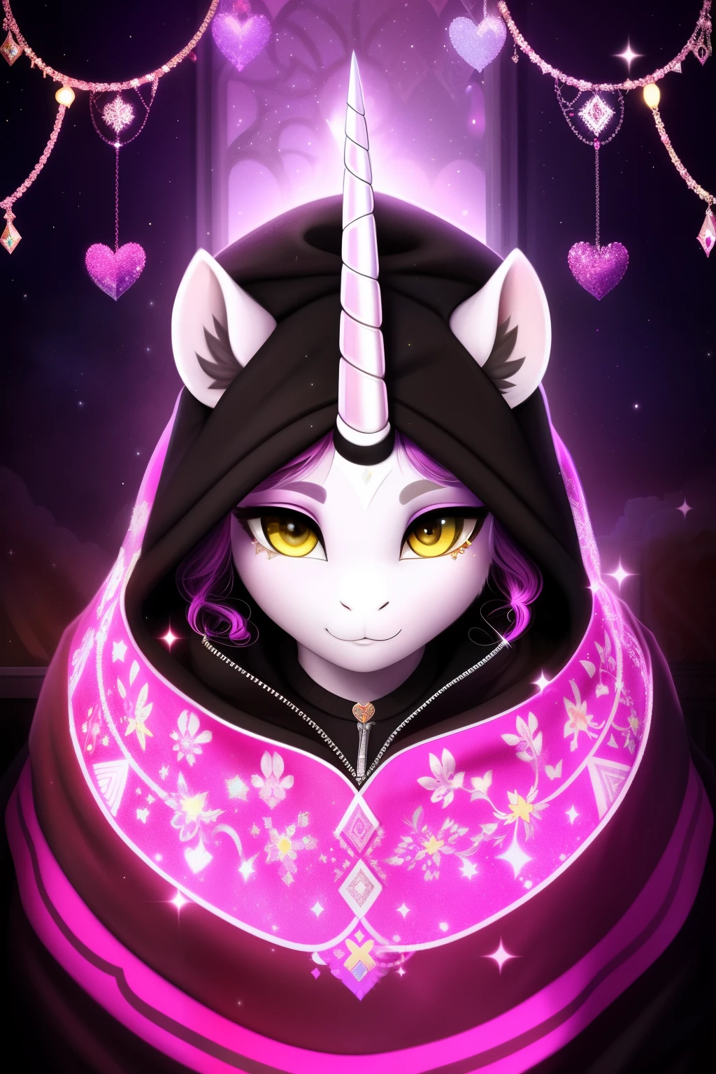 (ultra detailed), a captivating fan art piece of Nero, the beloved character, donning a cozy hoodie with the distinctive unicorn insignia on it, the vibrant horns peeking out from under the hood. The image exhibits incredible attention to detail, showcasing Nero's enchanting facial features, expressive eyes, and curled locks that cascade down her back. The hoodie material appears soft and inviting, enhancing the adorable yet edgy nature of Nero. The unicorn horns, adorned with glittering crystals and intricate patterns, add an ethereal and magical touch to the otherwise casual attire. The