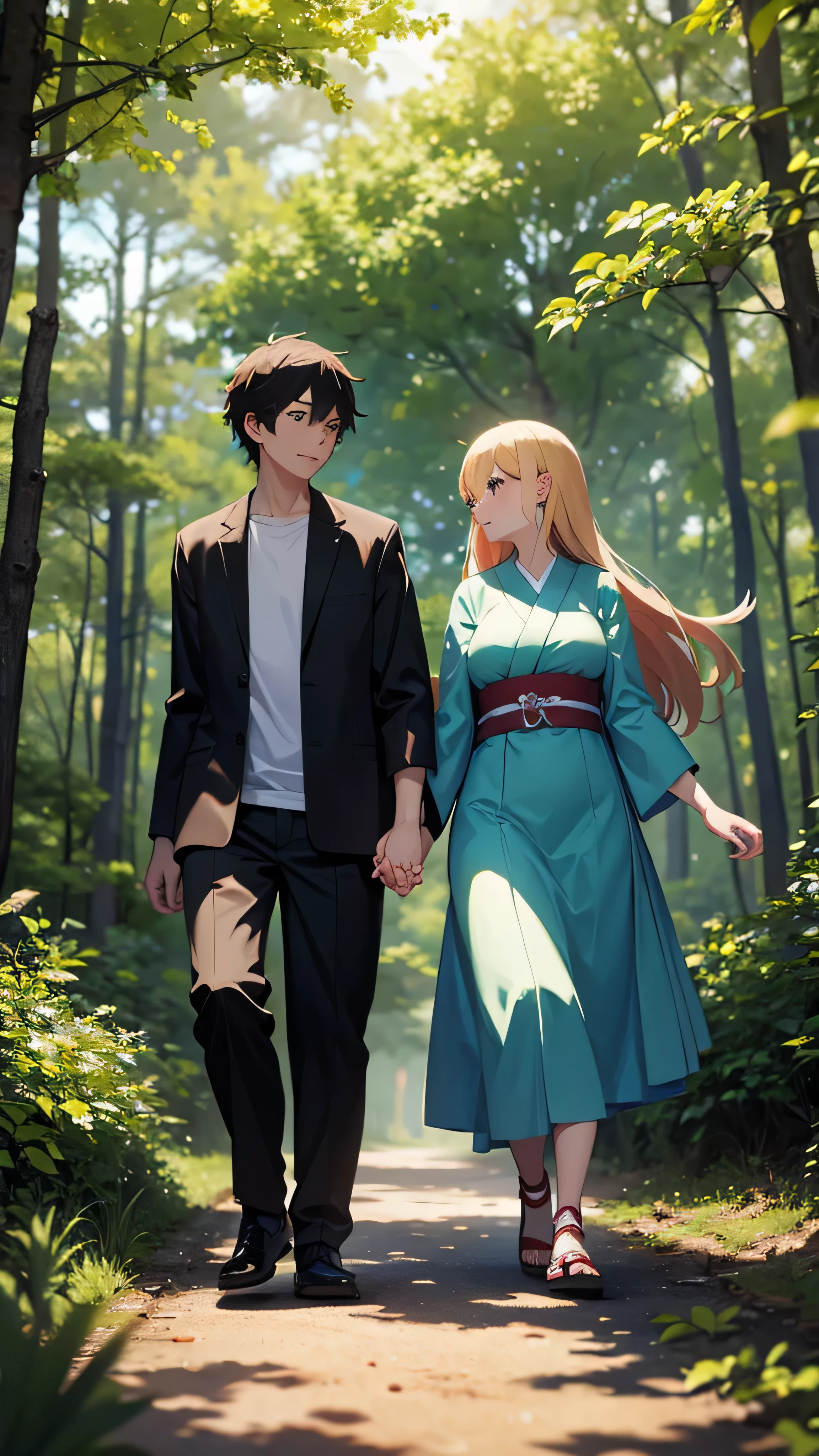 A couple walking through the woods holding hands Japanese anime style