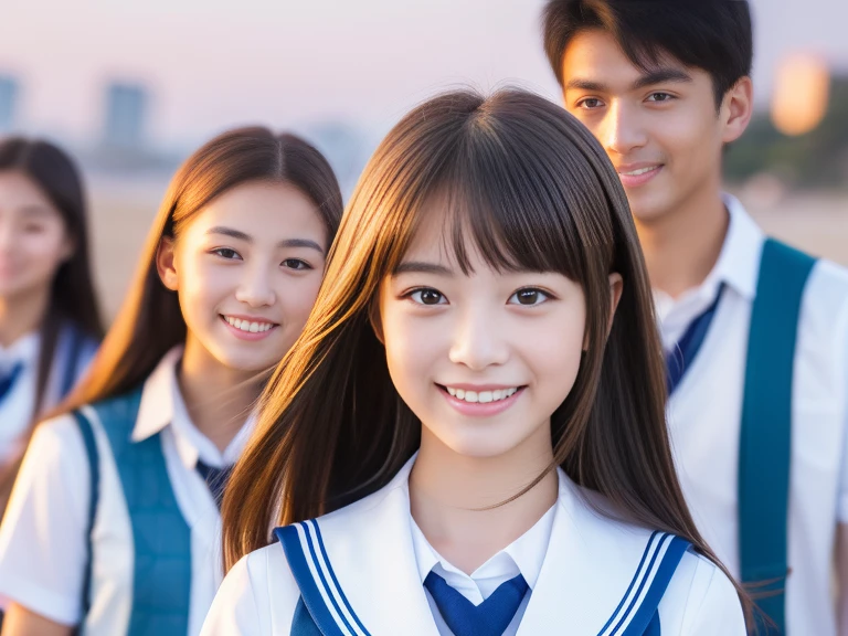 (One girl), (大きなsmile), Beautiful Face, Great face and eyes, delicate, (highest quality:1.4), (Very detailed), (extremely detailed Beautiful Face), (Princess Haircut Style), かわいいsmile, Brown eyes, (Very detailedBeautiful Face), (Summer high school uniform:1.3), (Very detailed CG 統合 8k 壁紙), Very detailed, High-resolution RAW color photos, Professional photography, Realistic portraits, evening, Very high resolution, smile, Modern, trend, fashionable, Group photo of high school girls, Face close-up, (Beach)
