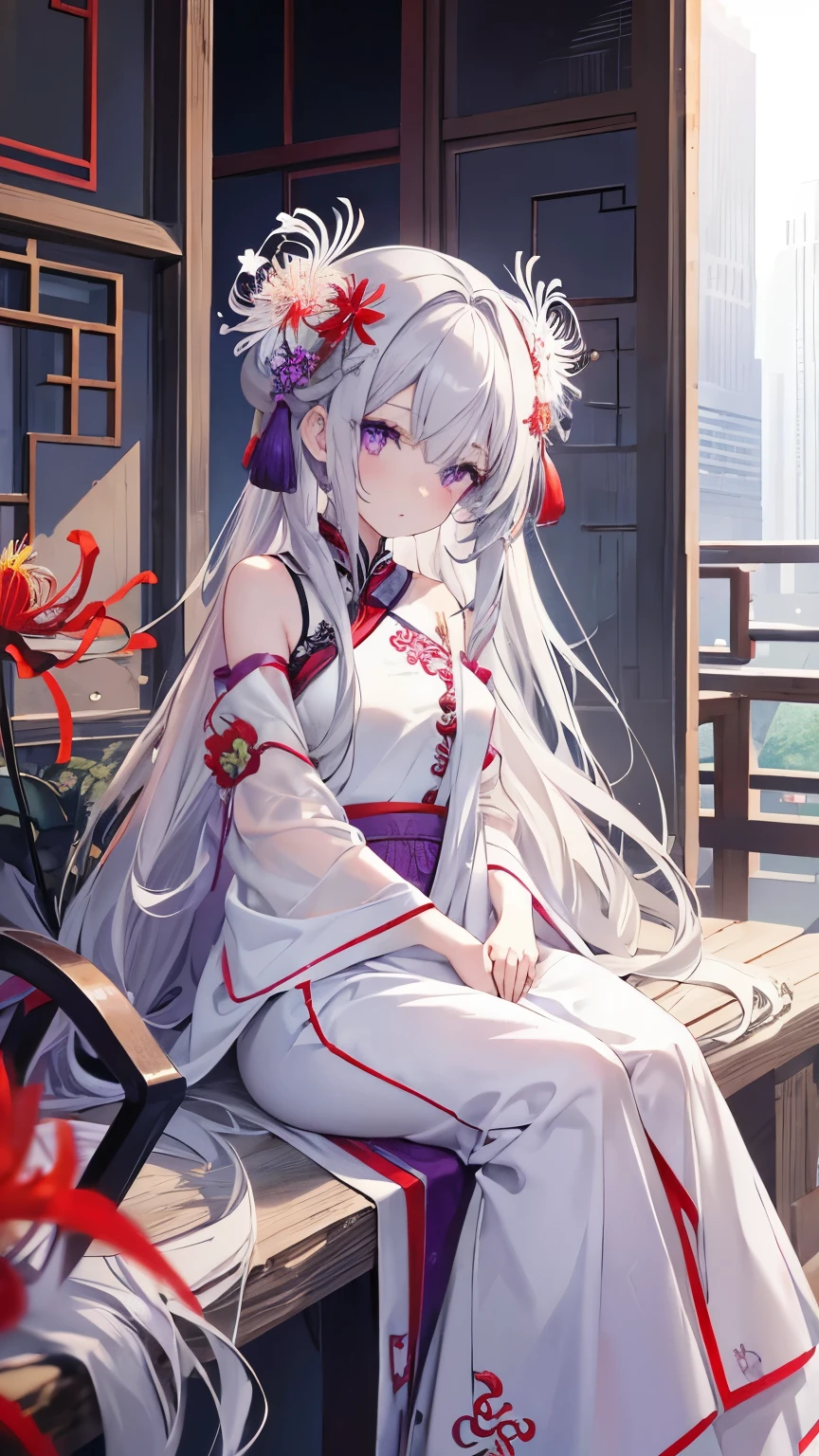 ,Girl,Best image quality,,Gray Hair,,Purple Eyes,,White skin,Long Hair,Straight Hair,Western-style building,Climbing Dragon,Red spider lily,White Chinese Dress,,,,