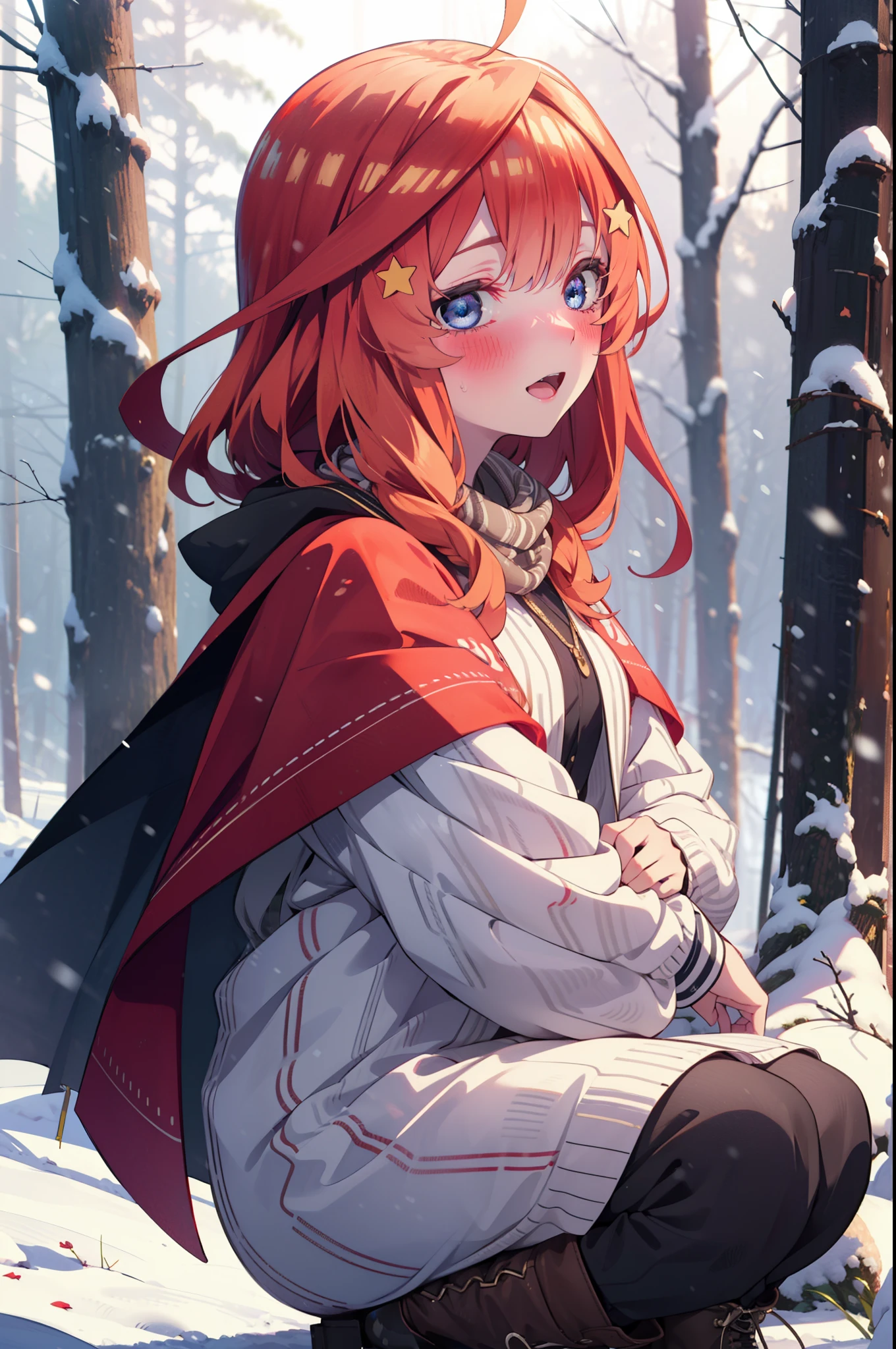 itsukinakano, Itsuki Nakano, bangs, blue eyes, Hair between the eyes, Ahoge, Redhead, star \(symbol\), hair ornaments, star hair ornaments,smile,blush,White Breath,
Open your mouth,snow, fire, Outdoor, boots, snowing, From the side, wood, suitcase, Cape, Blurred, Increase your meals, forest, White handbag, nature, Squat, Mouth closed, フードed Cape, winter, Written boundary depth, Black shoes, red Cape break looking at viewer, Upper Body, whole body, break Outdoor, forest, nature, break (masterpiece:1.2), highest quality, High resolution, unity 8k wallpaper, (shape:0.8), (Beautiful and beautiful eyes:1.6), Highly detailed face, Perfect lighting, Extremely detailed CG, (Perfect hands, Perfect Anatomy),
