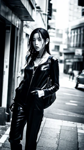 A female zombie is walking、Monochrome