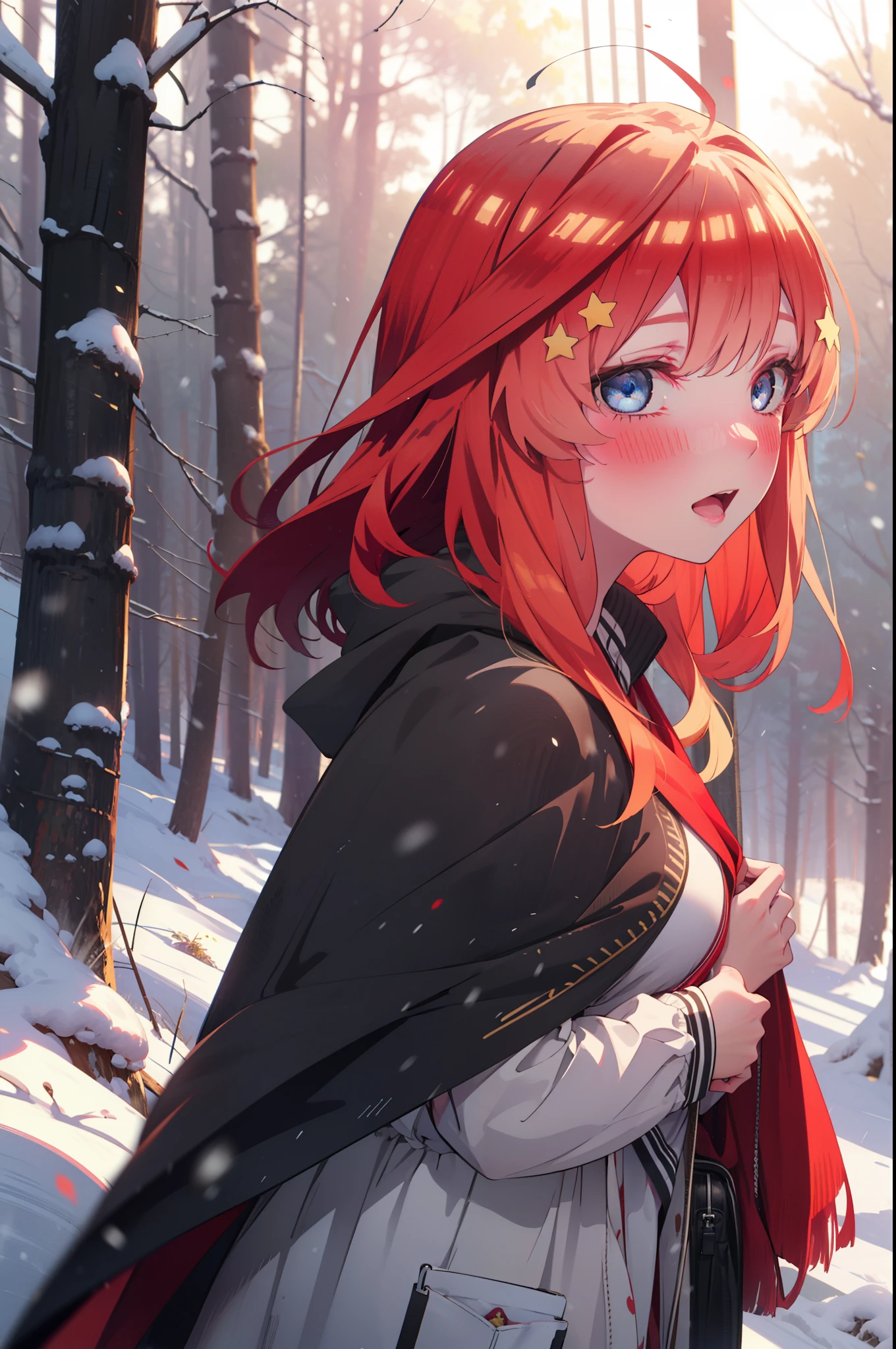 itsukinakano, Itsuki Nakano, bangs, blue eyes, Hair between the eyes, Ahoge, Redhead, star \(symbol\), hair ornaments, star hair ornaments,smile,blush,White Breath,
Open your mouth,snow, fire, Outdoor, boots, snowing, From the side, wood, suitcase, Cape, Blurred, Increase your meals, forest, White handbag, nature, Squat, Mouth closed, フードed Cape, winter, Written boundary depth, Black shoes, red Cape break looking at viewer, Upper Body, whole body, break Outdoor, forest, nature, break (masterpiece:1.2), highest quality, High resolution, unity 8k wallpaper, (shape:0.8), (Beautiful and beautiful eyes:1.6), Highly detailed face, Perfect lighting, Extremely detailed CG, (Perfect hands, Perfect Anatomy),