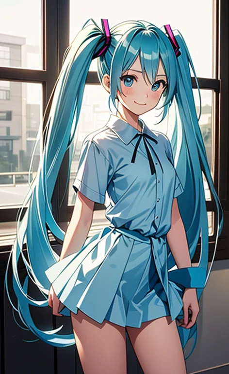 (masterpiece:1.4、top-quality、illustration:1.4,realistic、)、(character focus、breast focus,cowboy shot:1.3)、(1girl),(clear face:1.3),(miku hatume),cute face,blue eyes、()、
,(stand:1.4),(Shining smile),
,(slender),(casual clothes:1.3),
(fluorescence light green long hair:1.6,,),(twintails), (small breasts:1.3)、
、slender、hatsune_miku_bluearchive