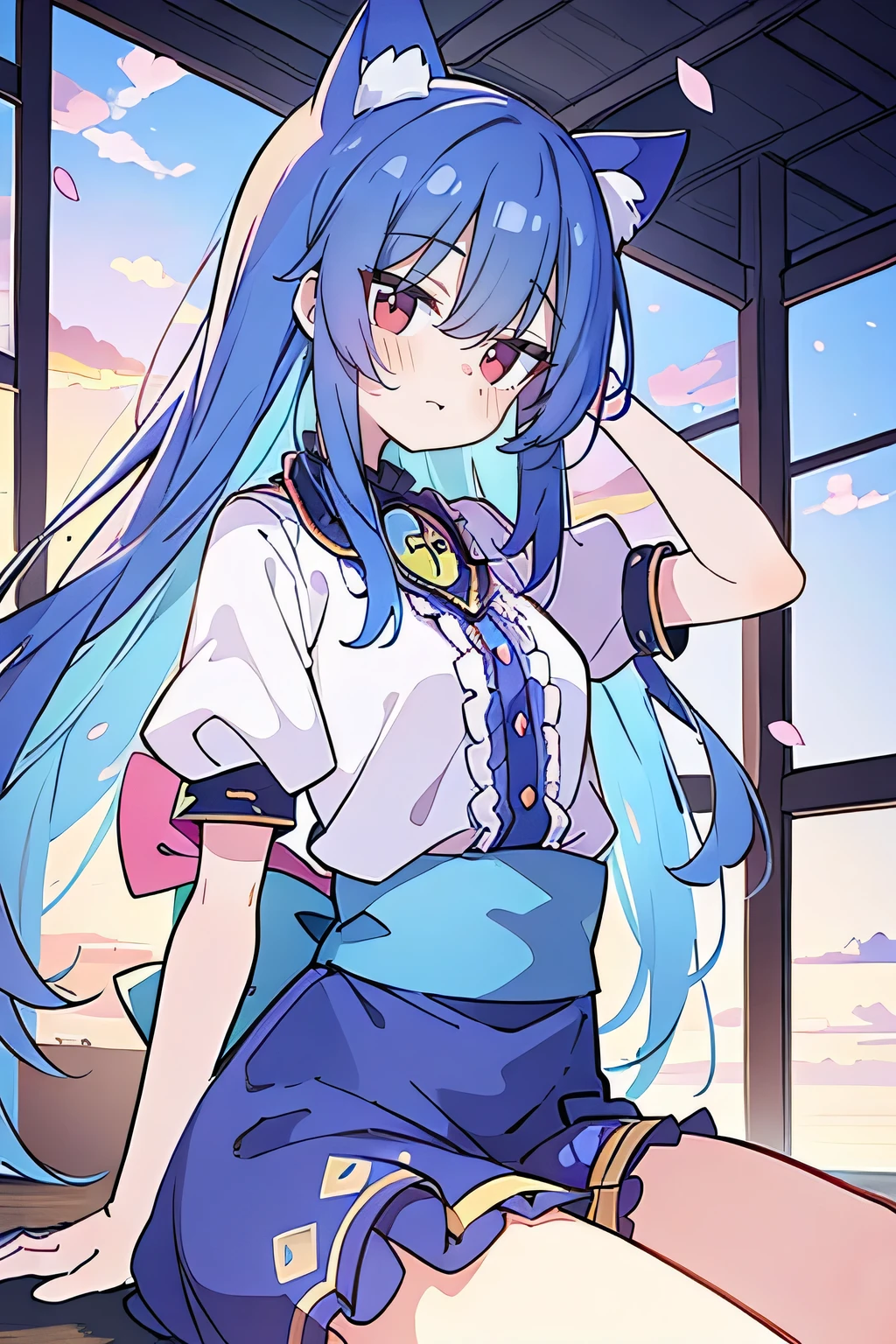 (masterpiece:1.2),Super detailed,Practical,expressive eyes,Fair skin,Perfect face shaping,1 Girl,
Japanese cartoons,Gorgeous blue hair, the long flowing blue hair,Floating clothes,Cat ears,Petals falling,beautiful lola,Young Angel,
Hands on waist,sit elegantly on the ground,Cross your legs,Gentle and peaceful background,Cool and cozy pavilion,Sunset,
