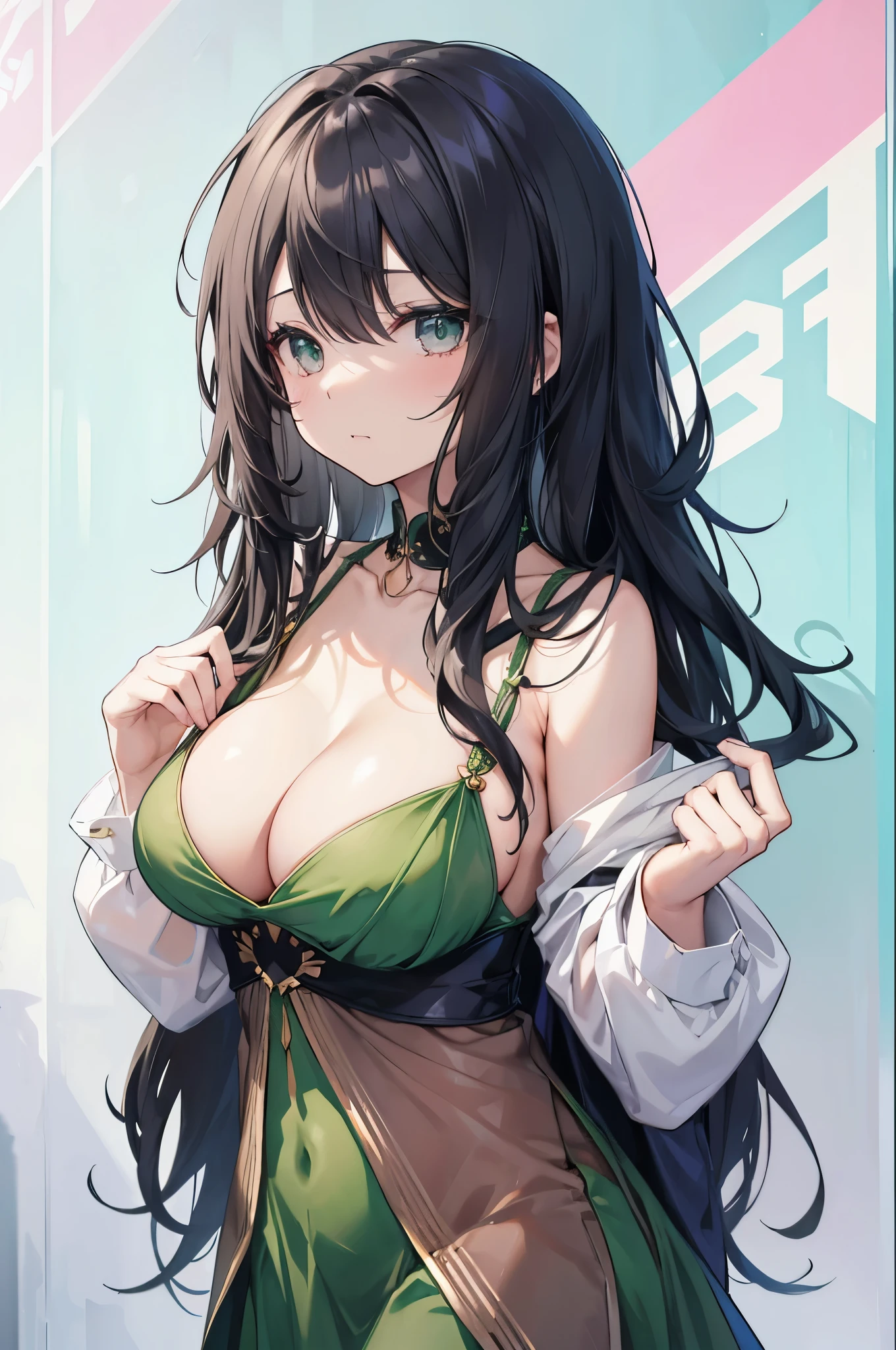 Black long hair，Very shy girl，Wear a green dress，F cup，将手放在胸前Cover cleavage，Cover cleavage，Very exposed chest