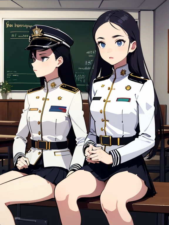 superflat, flat shading, flat colors, (masterpiece:1.2, best quality), (closeup), 2girls, young teen, slim, (white military outfit), pleated skirt, military hat, space cadet, sitting by desk, in classroom, put head on hand, bored,  classmates in background, (spaceship interiors), futuristic, cosmos, watercolor