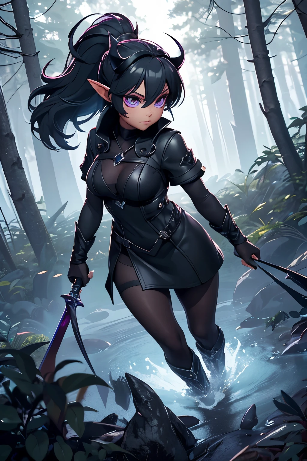 In the depths of a mysterious and enchanting forest, a mesmerizing figure comes into view. With her silver ponytail cascading down her back, she wears elf ears that gracefully peek out from beneath, adding an air of mystique to her appearance. Her deep purple eyes, reflecting the forest's enigma, seem to hold a thousand untold stories. Adorned in a black short-sleeved coat, enhancing her sleek silhouette, she pairs it with a short leather dress and black leggings underneath. Robust brown boots complete her outfit, making her not only an alluring sight but a formidable force.

Holding a sword in