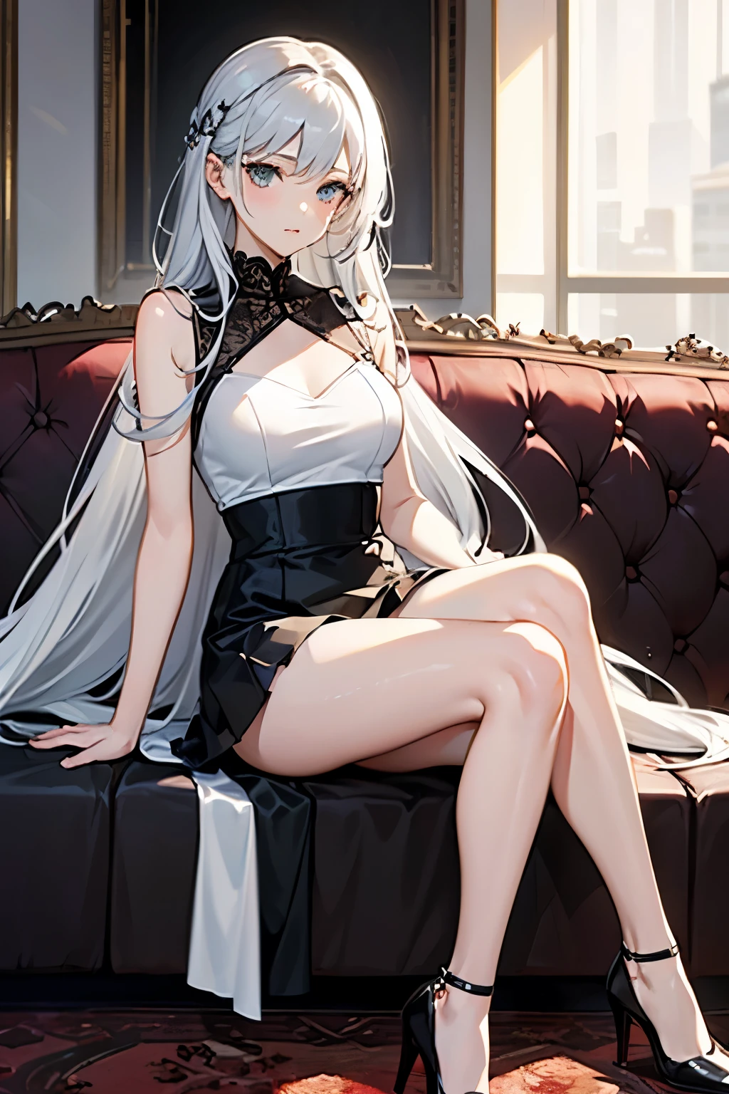 Silver hair,Long hair draped loosely,Exquisite facial features,Gentle and affectionate eyes,White top,Black skirt,Black Silk,High heel,Sitting on the sofa in the lobby,Skirt covering the thighs