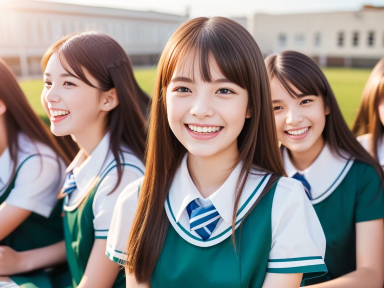 Five Girls, Beautiful Face, Great face and eyes, delicate, (highest quality:1.4), (Very detailed), (extremely detailed Beautiful Face), (Princess Haircut Style), かわいいsmile, Brown eyes, (Very detailedBeautiful Face), (Short-sleeved uniform:1.3), (Very detailed CG 統合 8k 壁紙), Very detailed, High-resolution RAW color photos, Professional photography, Realistic portraits, evening, Very high resolution, smile, Modern, trend, fashionable, Group photo of high school girls, Face close-up, (School, classroom, Laughter, Laughter:1.5), (Laughter, Laughter:1.5), My friends are laughing out loud,