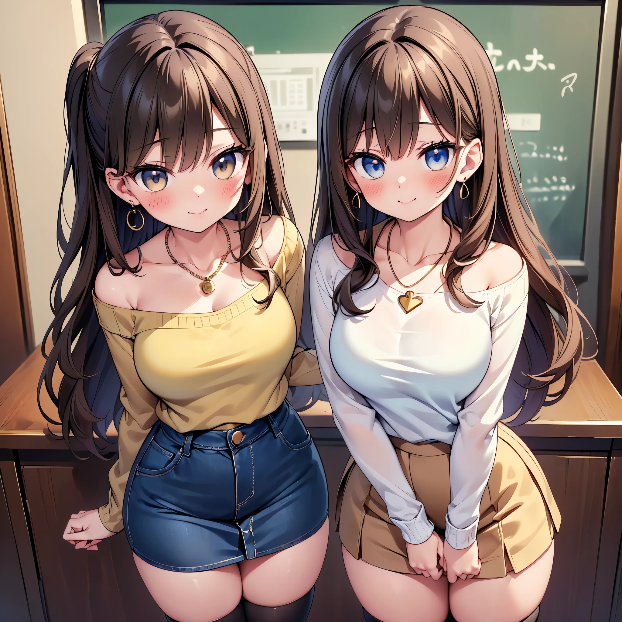 (Tabletop, highest quality, High resolution, , Perfect Pixel, 4K,), 1 girl, single, alone, Beautiful woman、I could see the whole body、 ((Wavy mid-length hair, bangs, Brown Hair)), ((Brown eyes, Beautiful eyelashes, Realistic eyes)), ((Detailed face, blush:1.2)), ((Smooth texture:0.75, Realistic texture:0.65, Realistic:1.1, Anime CG Style)), Medium Chest, Dynamic Angle, Perfect body, female teacher、((, Beige off-the-shoulder sweater、Tight denim skirt、Black Stockings、Cute Necklace、Earrings、)), look up、A shy smile、look back、Leaning forward、)、Angle from below、、、