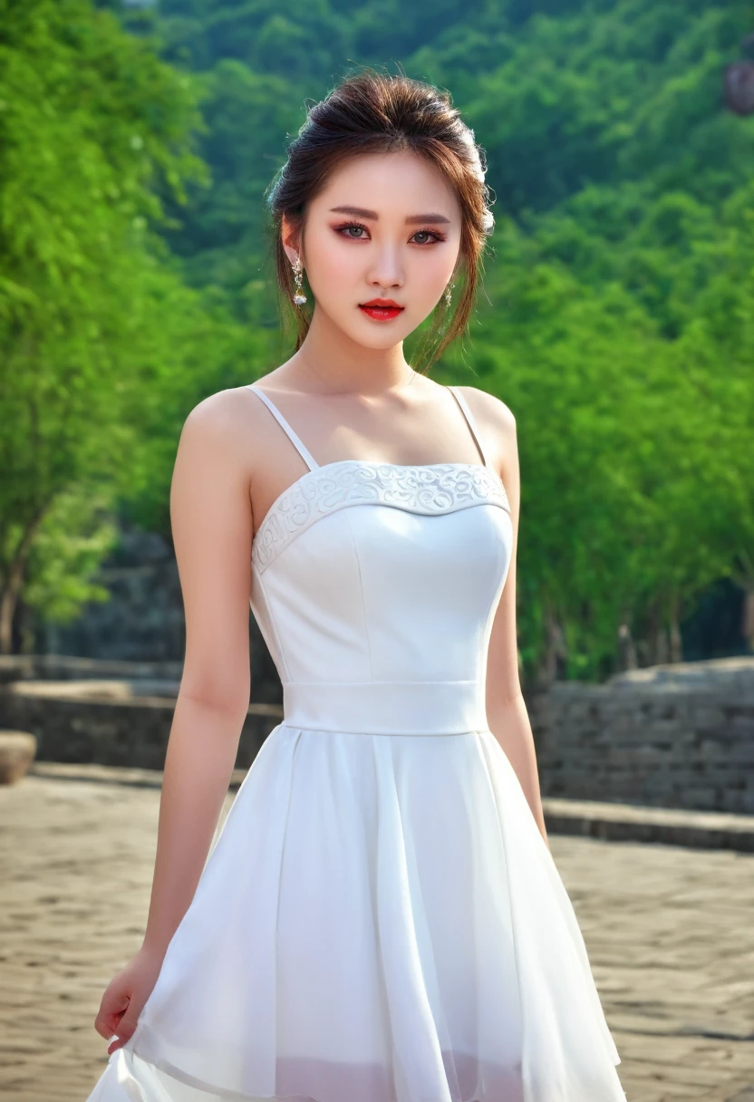 1 Chinese girl, beautiful face, sweet girl, special details, white dress, beautiful eyes, beautiful lips, (detailed face, beautiful face, full makeup)), full_body, outdoor, realistic,  (medium), photorealistic, (very detailed:1.2), fine light, HDR,
