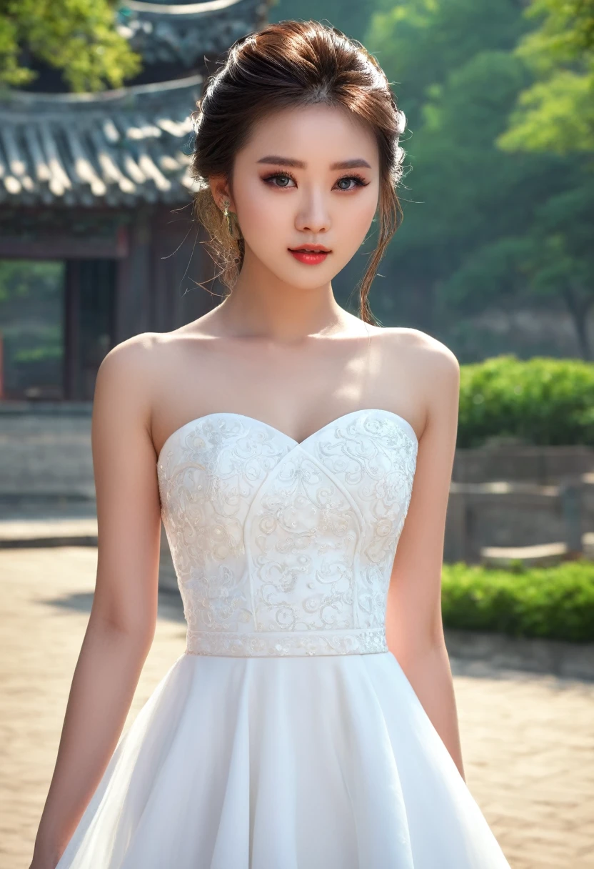 1 Chinese girl, beautiful face, sweet girl, special details, white dress, beautiful eyes, beautiful lips, (detailed face, beautiful face, full makeup)), full_body, outdoor, realistic, (medium), photorealistic, (very detailed:1.2), fine light, HDR,