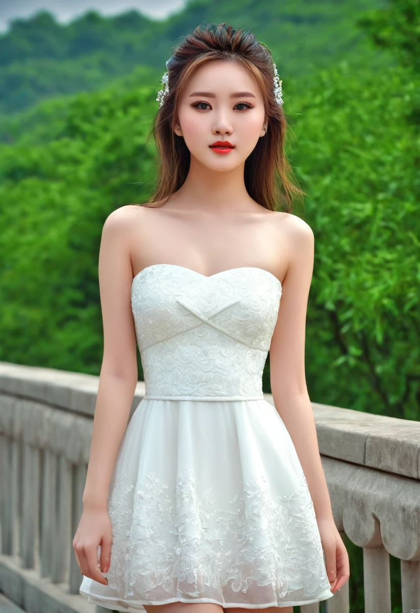 1 Chinese girl, beautiful face, sweet girl, special details, white dress, beautiful eyes, beautiful lips, (detailed face, beautiful face, full makeup)), full_body, outdoor, realistic,  (medium), photorealistic, (very detailed:1.2), fine light, HDR,