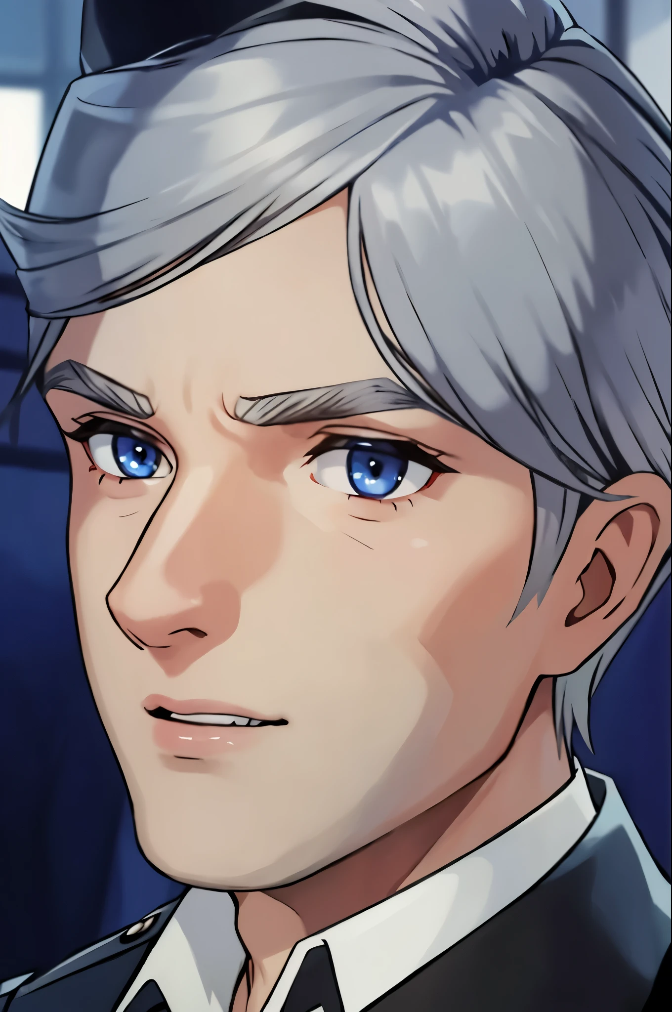 Boy, gray hair, blue eyes, serious sharp features, white skin, handsome, uniform