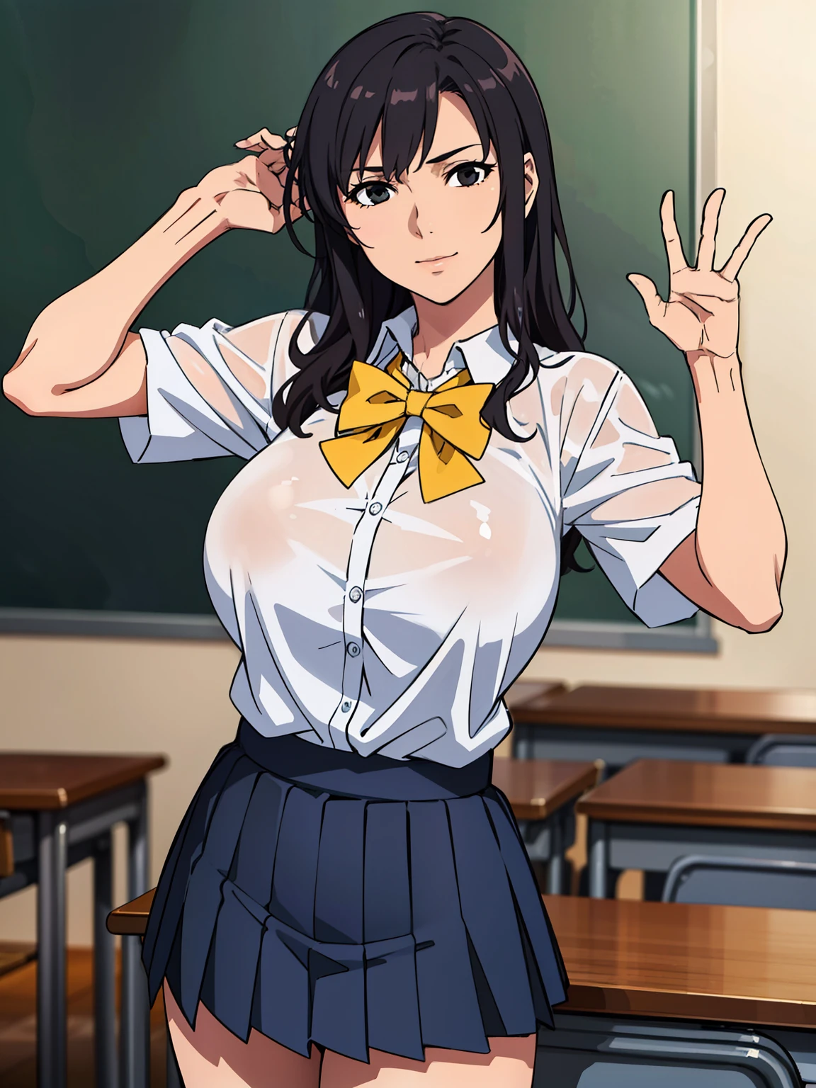 very tempting pose, white school shirt, blue pleated skirt, yellow bow, classroom background, Jessica Veranda JKT48, anime cels style, best quality, high resolution, 1girl, (huge breasts:1.2), beautiful face, black hair, long hair, black eyes, cowboy shot