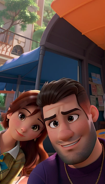 Casal (homem moreno e mulher branca) no estilo Disney Pixar, alta qualidade, melhor qualidade.