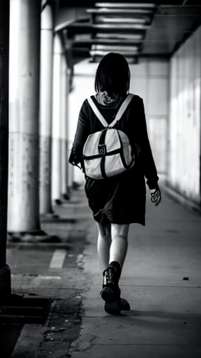 A female zombie is walking、Monochrome