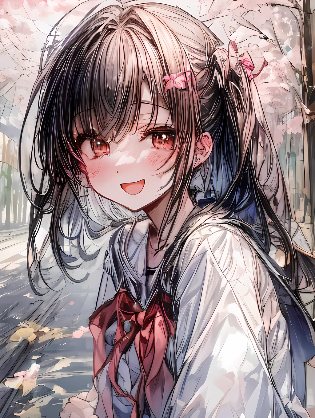 A sunny morning in spring, a row of cherry blossom trees lining the street. A cheerful girl in a sailor uniform turns around with a smile.