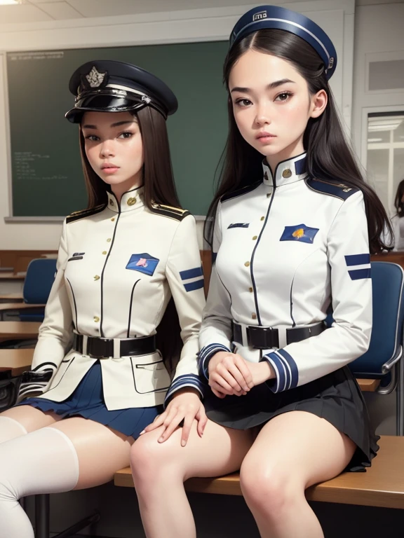 superflat, flat shading, flat colors, (masterpiece:1.2, best quality), (closeup), 2girls, young teen, slim, (white military outfit), pleated skirt, military hat, space cadet, sitting by desk, in classroom, put head on hand, bored,  classmates in background, (spaceship interiors), futuristic, cosmos, watercolor