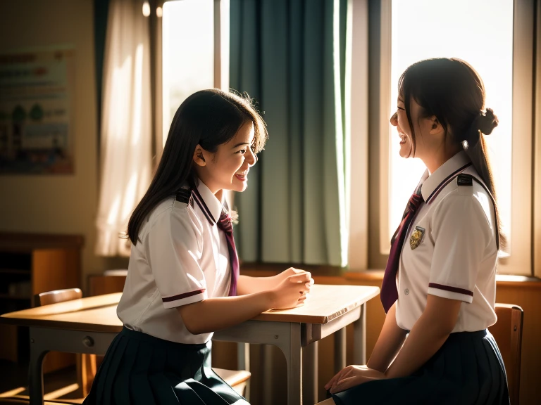 high resolution、16k、Fine details、after school, In the classroom,Girl in uniform having fun conversation. Their voices echo through the classroom, Their laughter illuminates the space.Another girl in uniform is joining the conversation. They look at each other, Seems to be sharing an interesting story.
Classroom illuminated by the setting sun, Create a warm atmosphere that enhances fun.They value their free time, Deepening fellowship.