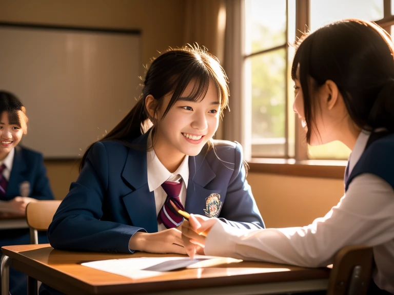high resolution、16k、Fine details、after school, In the classroom,Girl in uniform having fun conversation. Their voices echo through the classroom, Their laughter illuminates the space.Another girl in uniform is joining the conversation. They look at each other, Seems to be sharing an interesting story.
Classroom illuminated by the setting sun, Create a warm atmosphere that enhances fun.They value their free time, Deepening fellowship.