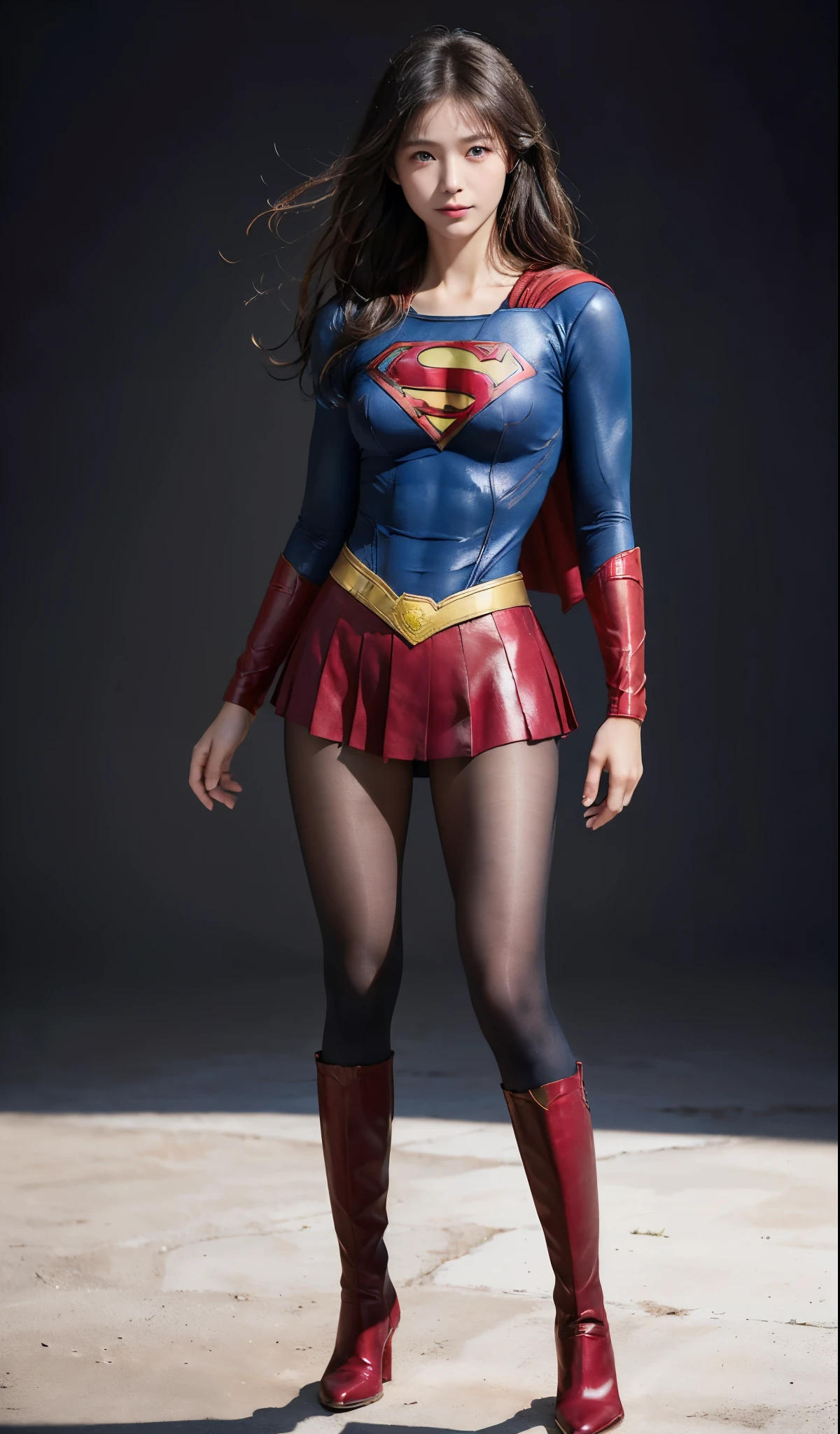 No background、(((Beautiful legs in black tights.)))、(((Legally express the beauty of your smile)))、((((Make the most of your original images)))、(((Supergirl Costume)))、(((Beautiful Hair)))、(((suffering)))、(((Please wear black tights....、Wear red boots)))、((Best image quality、8k))、((highest quality、8k、masterpiece:1.3))、(((Preserve background )))、Sharp focus:1.2、Beautiful woman with perfect figure:1.4、Slim Abs:1.2、Wet body:1.5、Highly detailed face and skin texture、8k