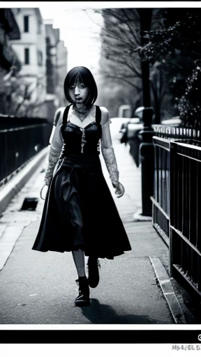 A female zombie is walking、Monochrome