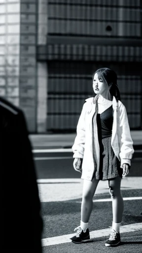 A female zombie is walking、Monochrome