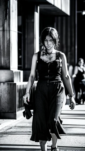 A female zombie is walking、Monochrome