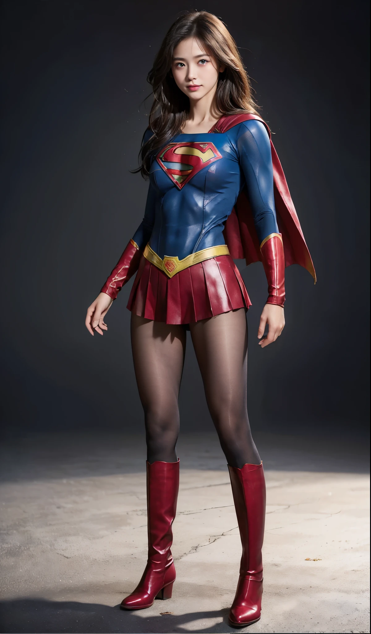No background、(((Beautiful legs in black tights.)))、(((Legally express the beauty of your smile)))、((((Make the most of your original images)))、(((Supergirl Costume)))、(((Beautiful Hair)))、(((suffering)))、(((Please wear black tights....、Wear red boots)))、((Best image quality、8k))、((highest quality、8k、masterpiece:1.3))、(((Preserve background )))、Sharp focus:1.2、Beautiful woman with perfect figure:1.4、Slim Abs:1.2、Wet body:1.5、Highly detailed face and skin texture、8k