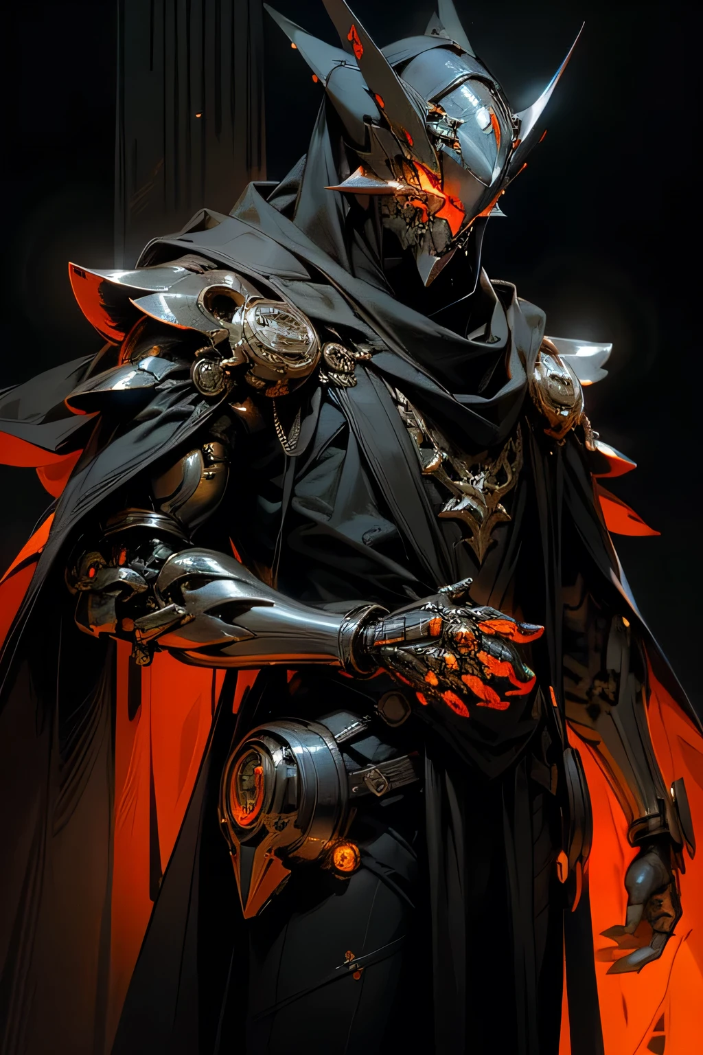 In the depths of a galactic metropolis, a masked figure emerges from the shadows. Clad in a realistic, shimmering cloak and scarf, he dons a stunning, shiny mask imbued with bioluminescent runes of a radiant red hue. The mask's complex design reveals intricate Cybernetic Mecha elements, hinting at his enigmatic identity as an assassin.
The Mecha mask's gleaming surface reflects the dimly lit, dark background, creating an ethereal, high-contrast silhouette. The glowing runes illuminate the nocturnal scene with an otherworldly aura, making this