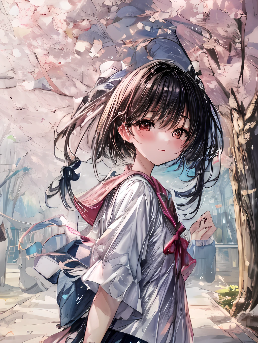 A sunny morning in spring, a row of cherry blossom trees lining the street. A cheerful girl in a sailor uniform turns around with a smile.