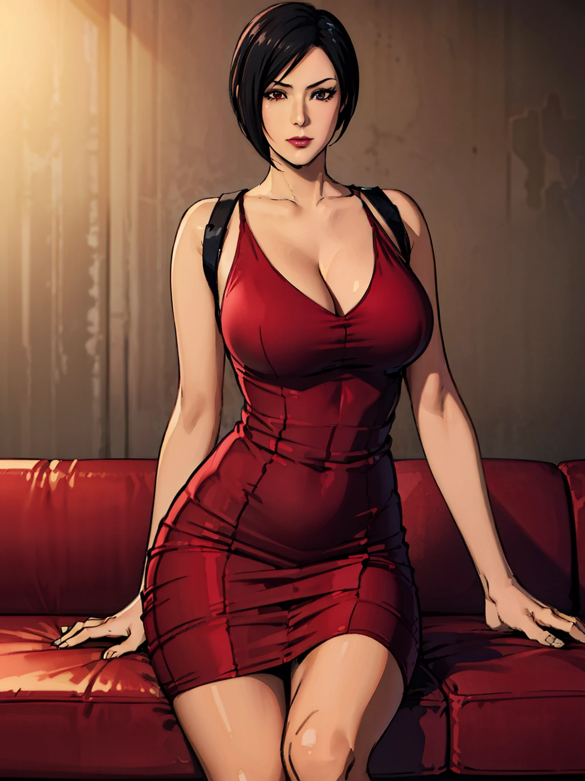 sitting on red luxury sofa, luxury livingroom background, ada wong, anime cels style, best quality, high resolution, 1girl, (huge breasts:1.2), beautiful face, lipstick, cowboy shot of beautiful ada, looking at viewer, red dress, black hair, short hair, embarassed