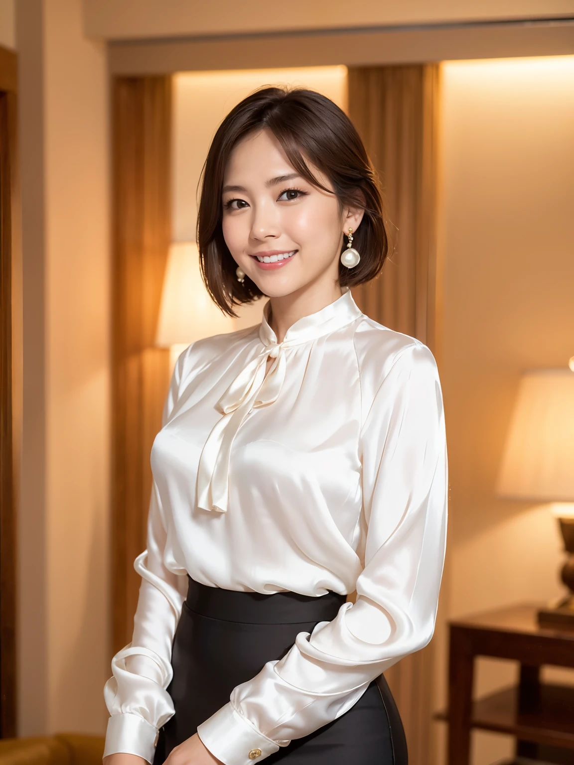 (RAW Photos:1.2)、 (Realistic:1.4),(D cup breasts),Thick legs、alone、(silk_blouse:1.5),(Pencil Skirt:1.4),(Pearl_Earrings:1.3),Jewelry Necklace Short Hair,black eye、(Dimly lit hotel room:1.8)、(Looking at the audience:1.2)、Beautiful Japanese Woman, Very detailed,High resolution, Very detailed,highest quality,Consciousness upward,Unified,8k wallpaper,masterpiece,highest quality,1 female,alone,rich,Whole Body Ezbian,(A kind smile:1.5)