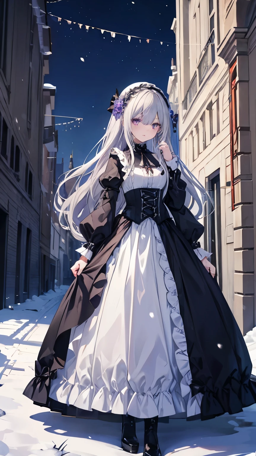 ,Girl,Best image quality,,Gray Hair,,Purple Eyes,,White skin,Long Hair,Straight Hair,Western-style building,,Snow mowing,Gothic Dress,Frills,,,