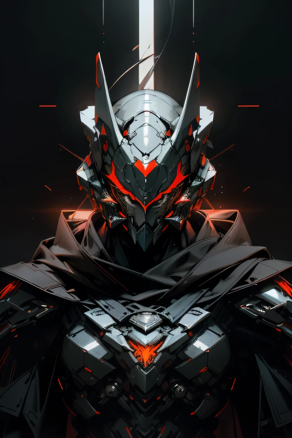 In the depths of a galactic metropolis, a masked figure emerges from the shadows. Clad in a realistic, shimmering cloak and scarf, he dons a stunning, shiny mask imbued with bioluminescent runes of a radiant red hue. The mask's complex design reveals intricate Cybernetic Mecha elements, hinting at his enigmatic identity as an assassin.

The Mecha mask's gleaming surface reflects the dimly lit, dark background, creating an ethereal, high-contrast silhouette. The glowing runes illuminate the nocturnal scene with an otherworldly aura, making this