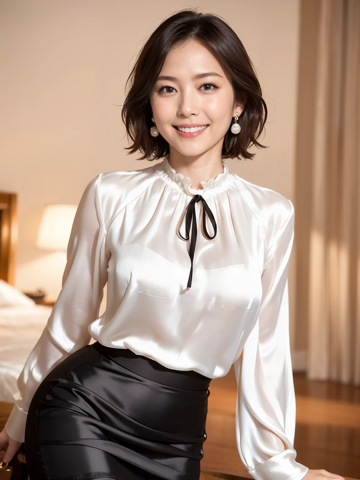 (RAW Photos:1.2)、 (Realistic:1.4),(D cup breasts),Thick legs、alone、(silk_blouse:1.5),(Pencil Skirt:1.4),(Pearl_Earrings:1.3),Jewelry Necklace Short Hair,black eye、(Dimly lit hotel room:1.8)、(Looking at the audience:1.2)、Beautiful Japanese Woman, Very detailed,High resolution, Very detailed,highest quality,Consciousness upward,Unified,8k wallpaper,masterpiece,highest quality,1 female,alone,rich,Whole Body Ezbian,(A kind smile:1.5)