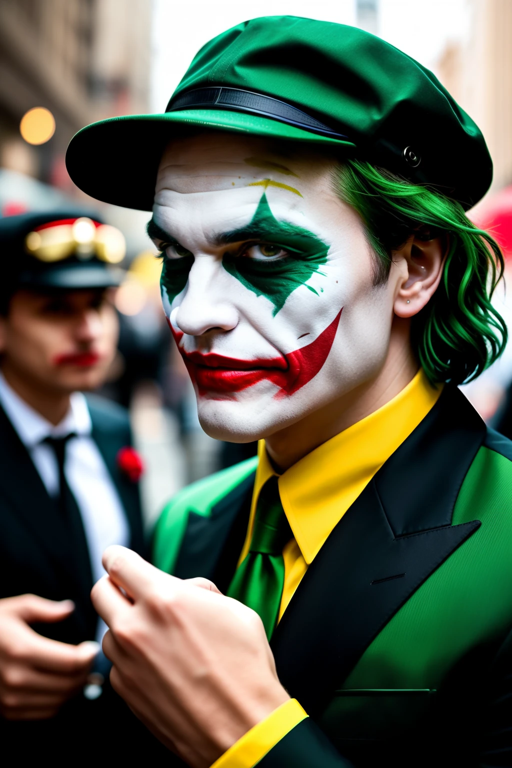 The Joker, with his signature green hair and red lips, stands in the bustling city street, wearing a cap adorned with the inscription "SVO." In one hand, he holds a sleek VIVO brand phone, beaming a charming smile at passing pedestrians. His eyes sparkle with mischief, as if daring them to make an offer for the device he's selling. The sun casts a warm, golden glow on the scene, enveloping the Joker and the crowd in a sensational, cinematic moment.

This exceptional and meticulously handcrafted image captures the details of the Joker's face, his cap, and the VIV