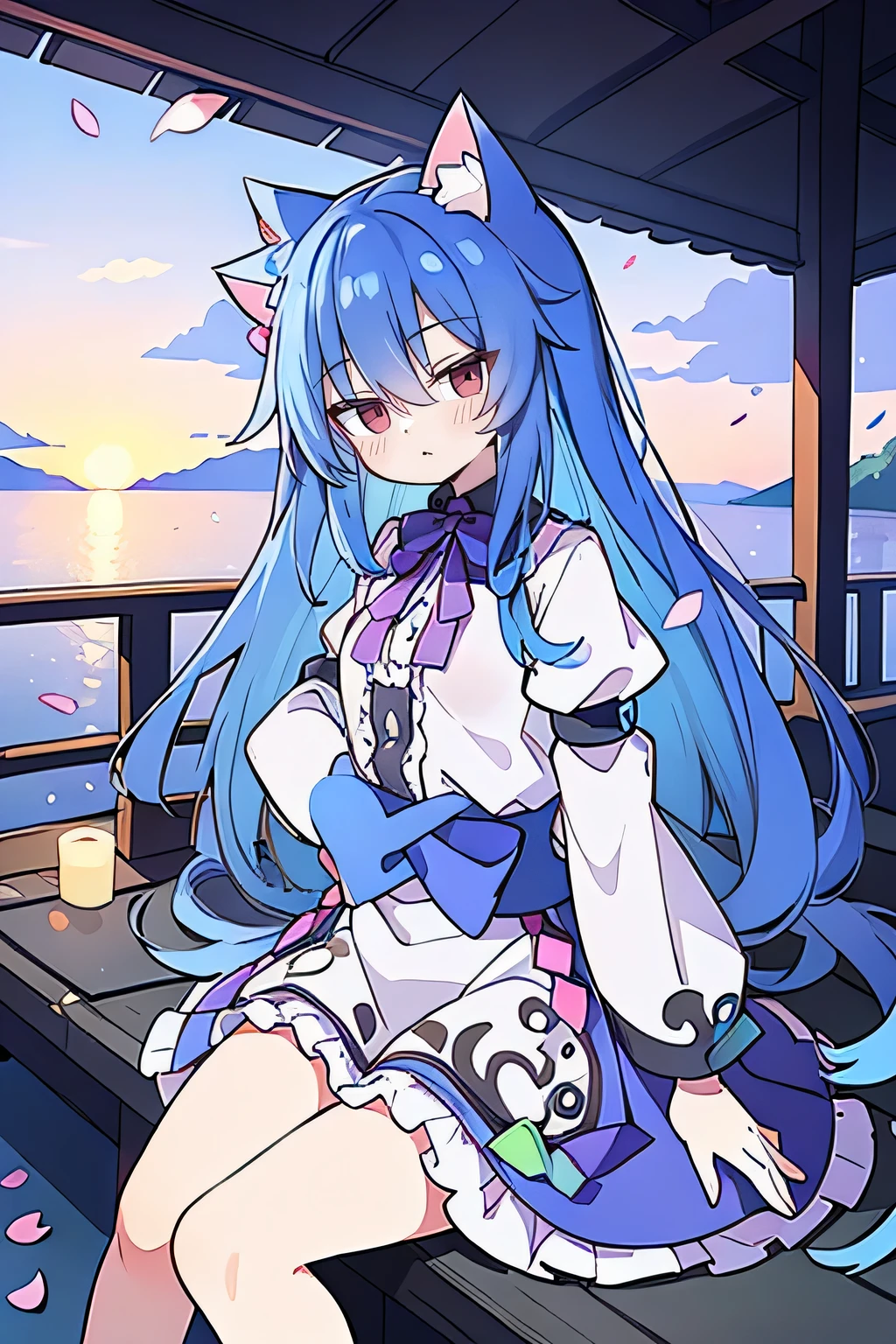 (masterpiece:1.2),Super detailed,Practical,expressive eyes,Fair skin,Perfect face shaping,1 Girl,
Japanese cartoons,Gorgeous blue hair, the long flowing blue hair,Floating clothes,Cat ears,Petals falling,beautiful lola,Young Angel,
Hands on waist,sit elegantly on the ground,Cross your legs,Gentle and peaceful background,Cool and cozy pavilion,Sunset,