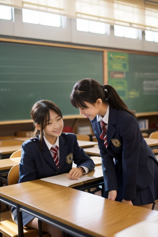 In the classroom、Students in uniform discussing and exchanging opinions while looking at papers