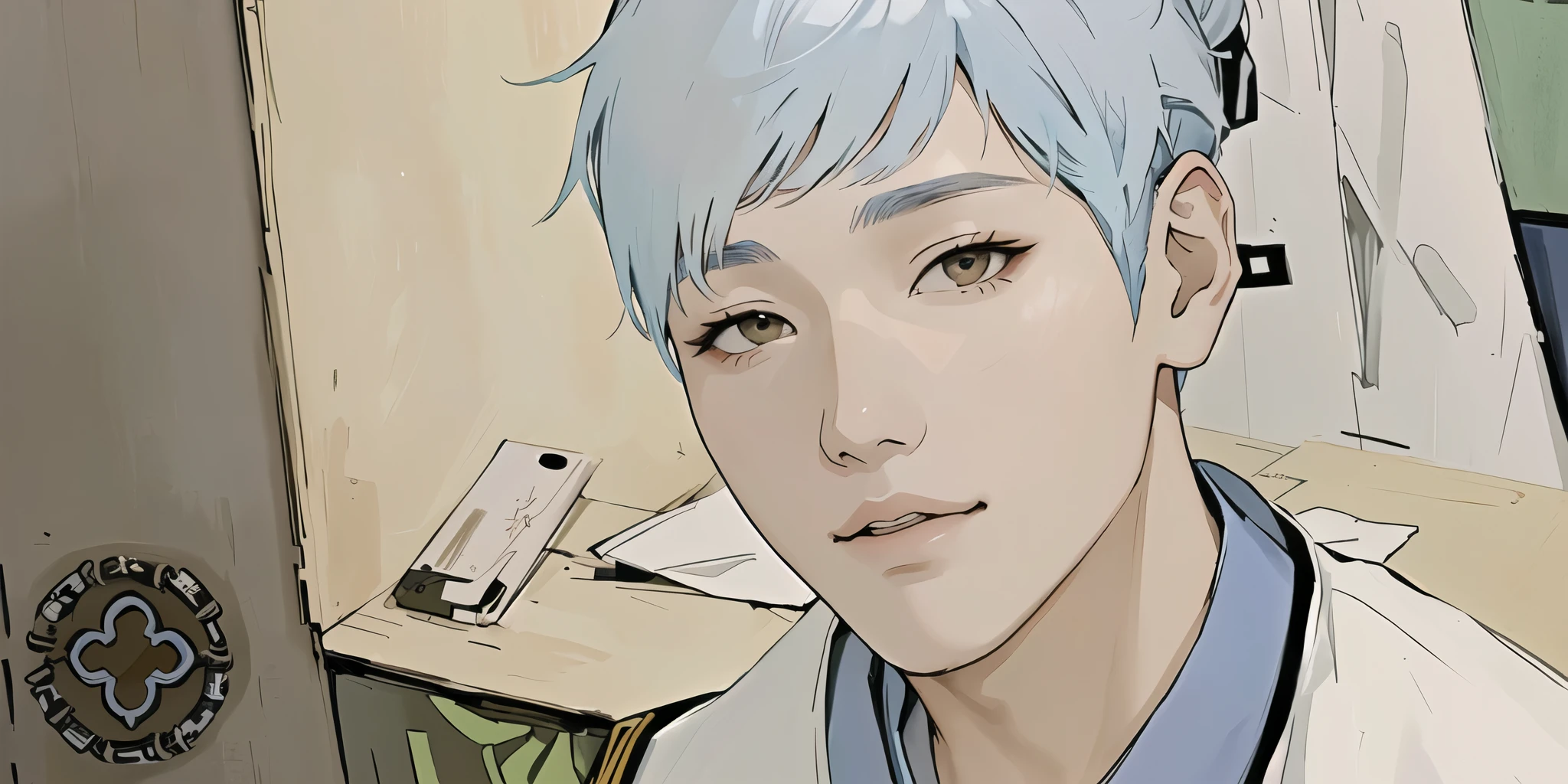 hay un hombre con una bata blanca y una camisa azul, inspirado en jeonseok lee, kpop idol portrait, hecho con estudio de pintor anime, bajo detallado. pintura digital, obra de arte al estilo de guweiz, inspirado en Kim Myeong-guk, [ arte digital 4k ]!!, inspirado en Joong Keun Lee, inspirado en Kim Hwan-gi
