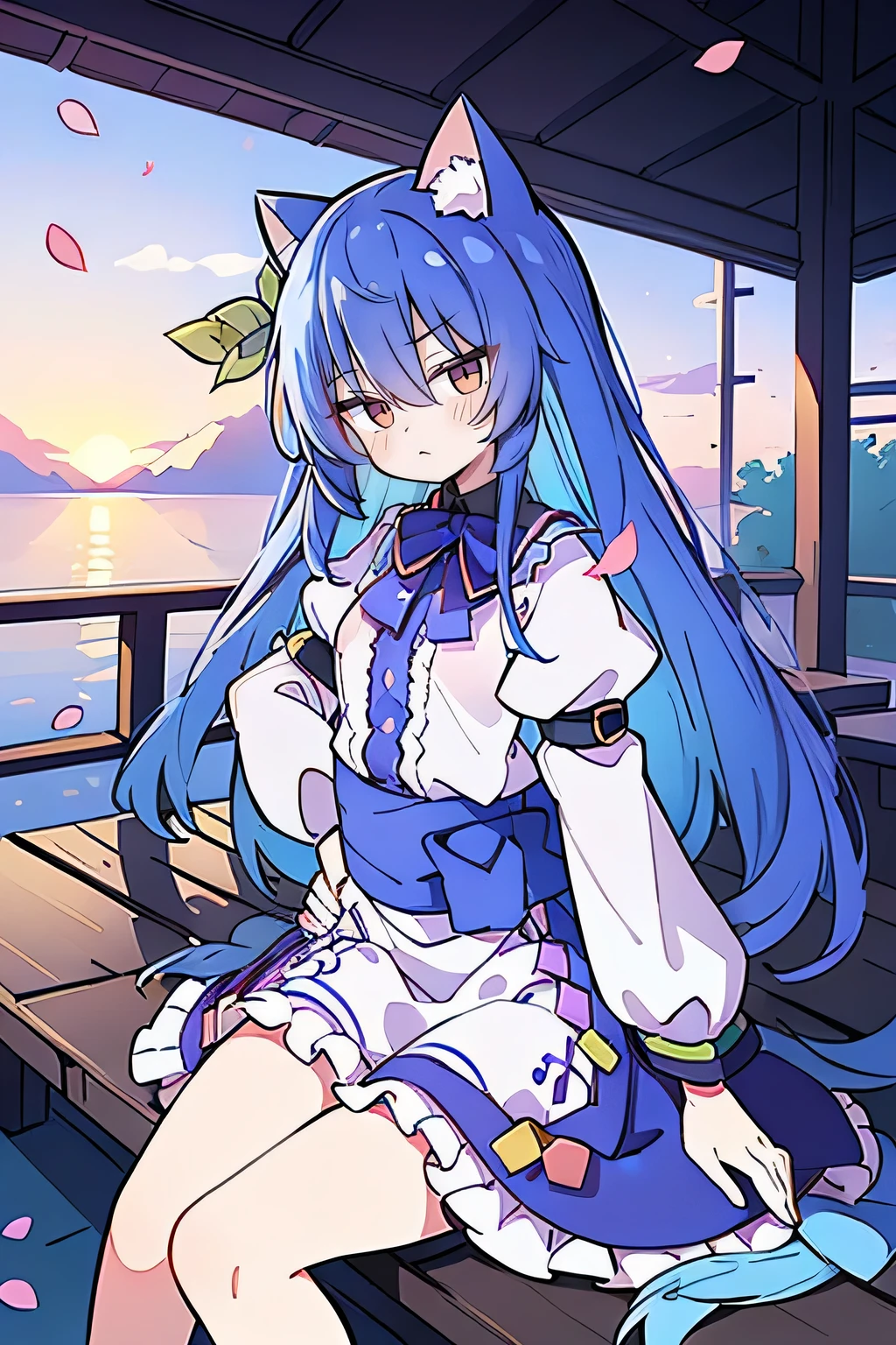 (masterpiece:1.2),Super detailed,Practical,expressive eyes,Fair skin,Perfect face shaping,1 Girl,
Japanese cartoons,Gorgeous blue hair, the long flowing blue hair,Floating clothes,Cat ears,Petals falling,beautiful lola,Young Angel,
Hands on waist,sit elegantly on the ground,Cross your legs,Gentle and peaceful background,Cool and cozy pavilion,Sunset,